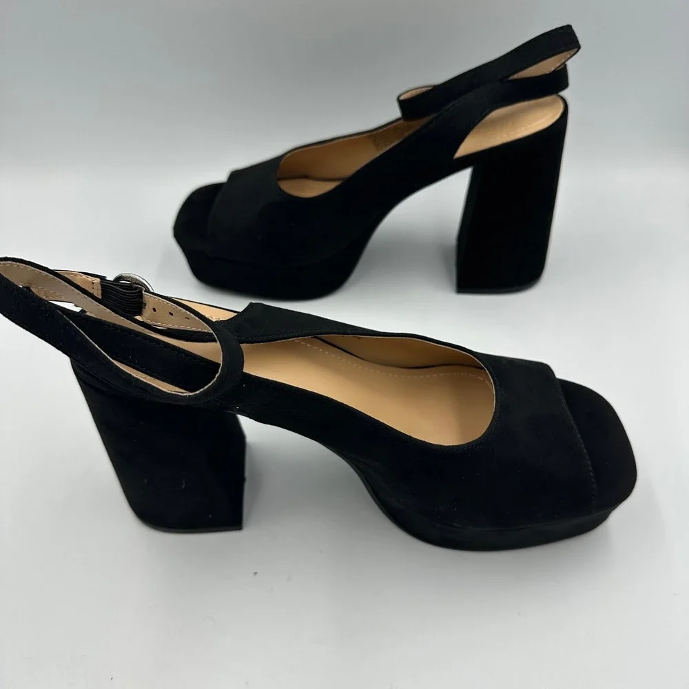 JustFab Hadley Black Platform Block Heeled Sandals Sz 8 NIB Bratz Style Peep Toe